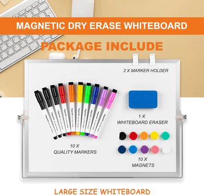 Dry Erase White Board, 16 x 12inch Magnetic Desktop Whiteboard with Stand,10 Markers, 10 Magnets and 1 Eraser, Portable Double-Sided White Board for Kid Drawing Memo to Do and List Wall-White