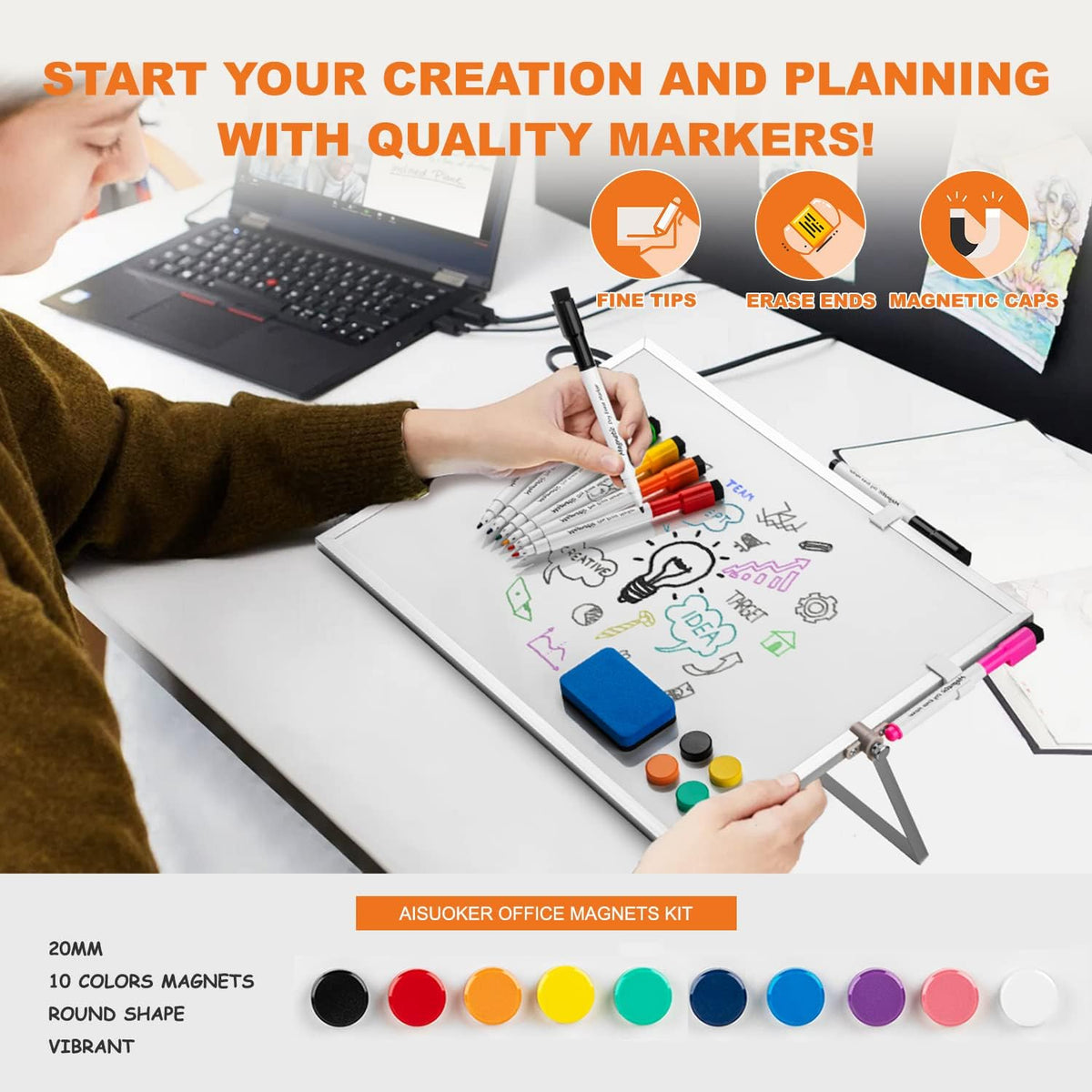Dry Erase White Board, 16 x 12inch Magnetic Desktop Whiteboard with Stand,10 Markers, 10 Magnets and 1 Eraser, Portable Double-Sided White Board for Kid Drawing Memo to Do and List Wall-White
