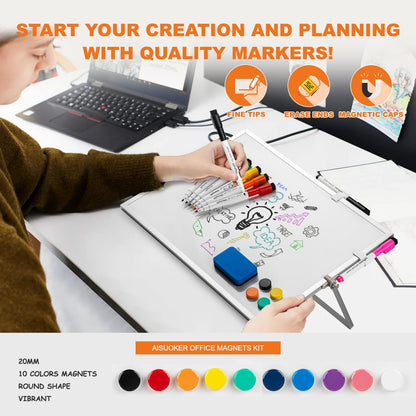 Dry Erase White Board, 16 x 12inch Magnetic Desktop Whiteboard with Stand,10 Markers, 10 Magnets and 1 Eraser, Portable Double-Sided White Board for Kid Drawing Memo to Do and List Wall-White