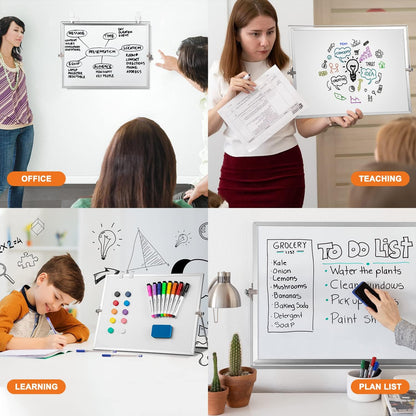 Dry Erase White Board, 16 x 12inch Magnetic Desktop Whiteboard with Stand,10 Markers, 10 Magnets and 1 Eraser, Portable Double-Sided White Board for Kid Drawing Memo to Do and List Wall-White