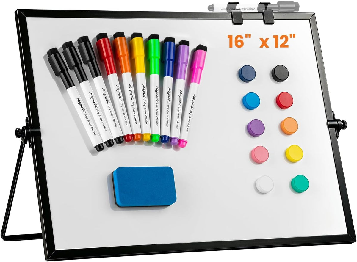 Dry Erase White Board, 16 x 12inch Magnetic Desktop Whiteboard with Stand,10 Markers, 10 Magnets and 1 Eraser, Portable Double-Sided White Board for Kid Drawing Memo to Do and List Wall-White