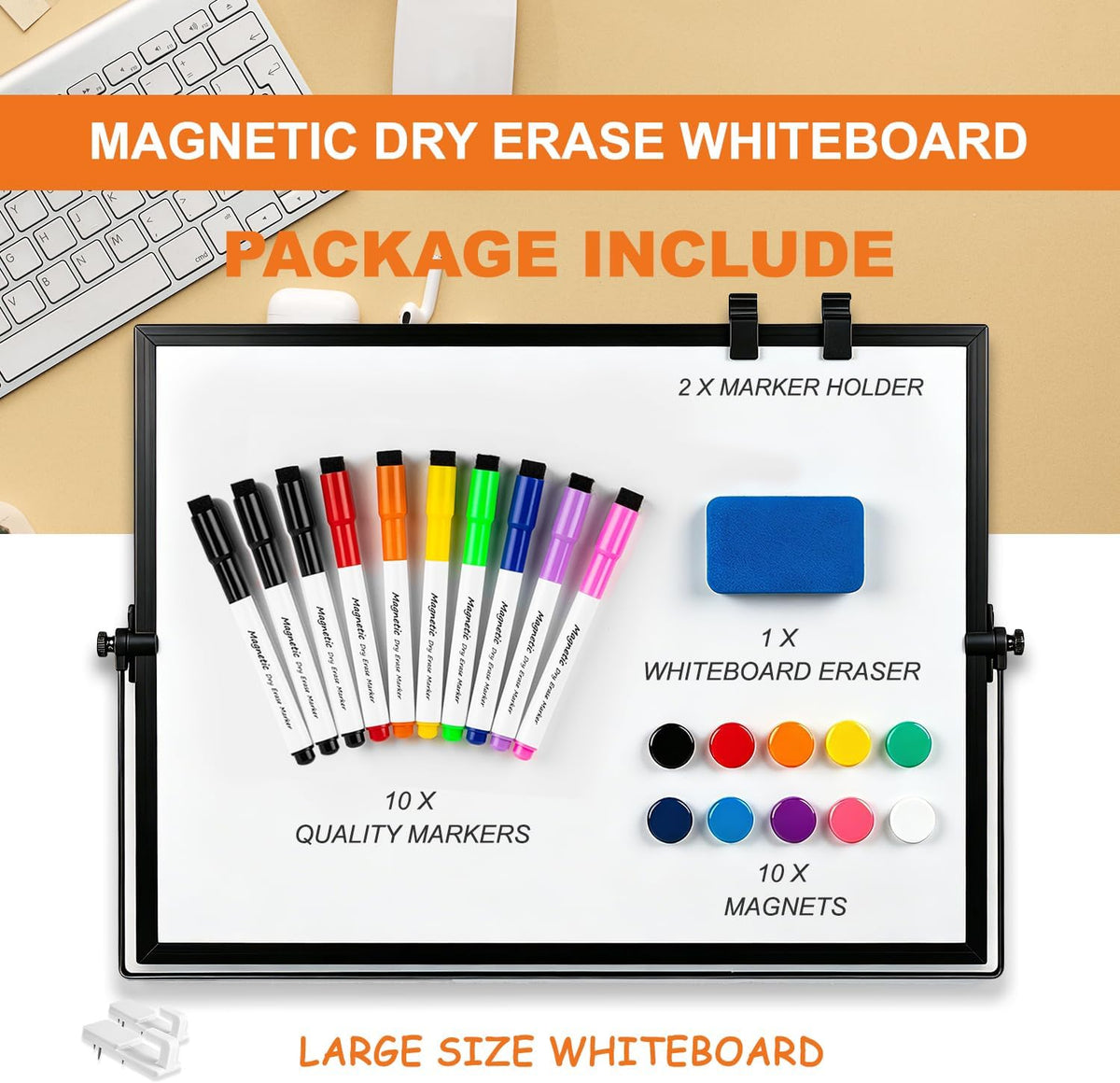 Dry Erase White Board, 16 x 12inch Magnetic Desktop Whiteboard with Stand,10 Markers, 10 Magnets and 1 Eraser, Portable Double-Sided White Board for Kid Drawing Memo to Do and List Wall-White