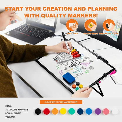 Dry Erase White Board, 16 x 12inch Magnetic Desktop Whiteboard with Stand,10 Markers, 10 Magnets and 1 Eraser, Portable Double-Sided White Board for Kid Drawing Memo to Do and List Wall-White