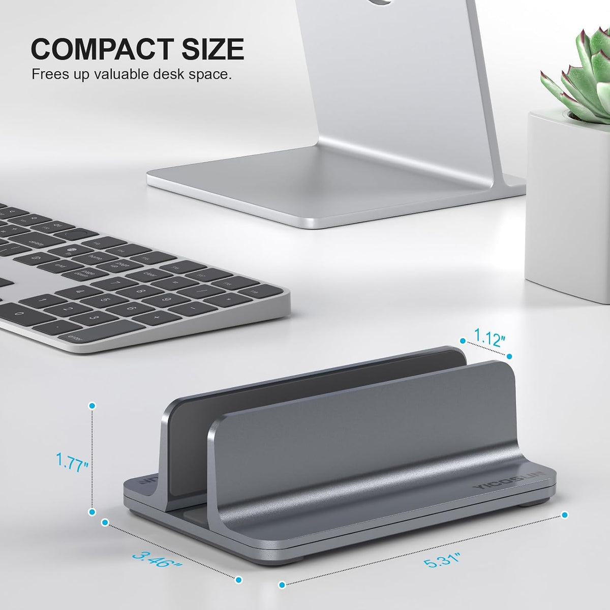 YICOSUN Aluminum Vertical Laptop Stand for Desk - Adjustable Width Dock for MacBook, Surface, Samsung, HP, Dell up to 17.3 inches - Space-Saving & Protective Design - Gray
