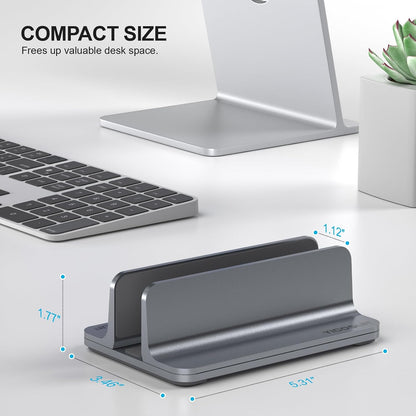YICOSUN Aluminum Vertical Laptop Stand for Desk - Adjustable Width Dock for MacBook, Surface, Samsung, HP, Dell up to 17.3 inches - Space-Saving & Protective Design - Gray