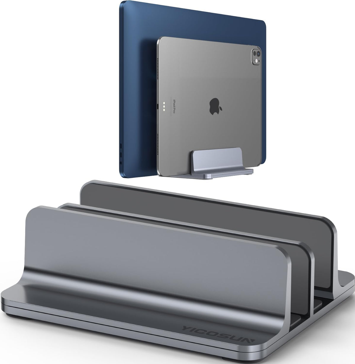 YICOSUN Aluminum Vertical Laptop Stand for Desk - Adjustable Width Dock for MacBook, Surface, Samsung, HP, Dell up to 17.3 inches - Space-Saving & Protective Design - Gray