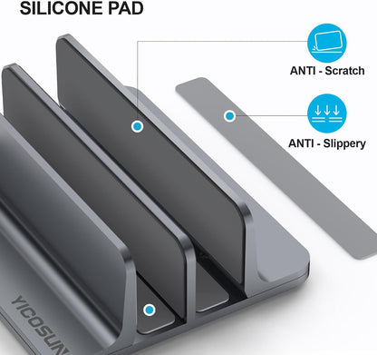 YICOSUN Aluminum Vertical Laptop Stand for Desk - Adjustable Width Dock for MacBook, Surface, Samsung, HP, Dell up to 17.3 inches - Space-Saving & Protective Design - Gray