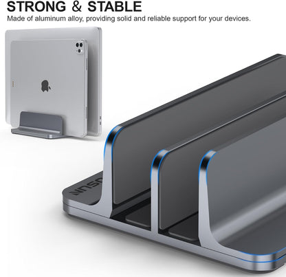 YICOSUN Aluminum Vertical Laptop Stand for Desk - Adjustable Width Dock for MacBook, Surface, Samsung, HP, Dell up to 17.3 inches - Space-Saving & Protective Design - Gray