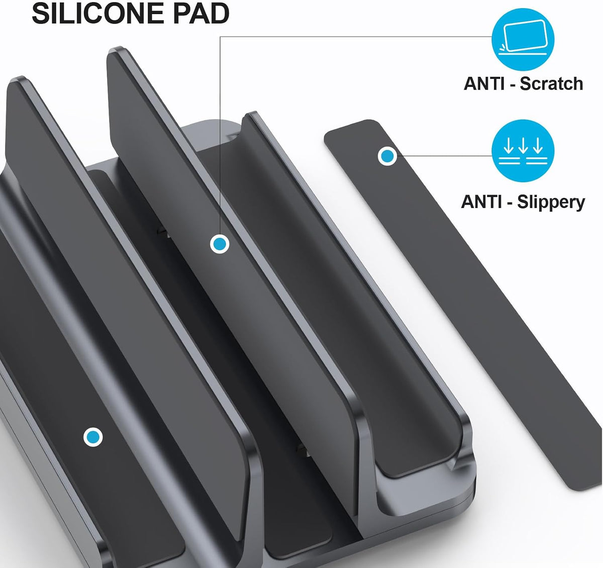 YICOSUN Aluminum Vertical Laptop Stand for Desk - Adjustable Width Dock for MacBook, Surface, Samsung, HP, Dell up to 17.3 inches - Space-Saving & Protective Design - Gray