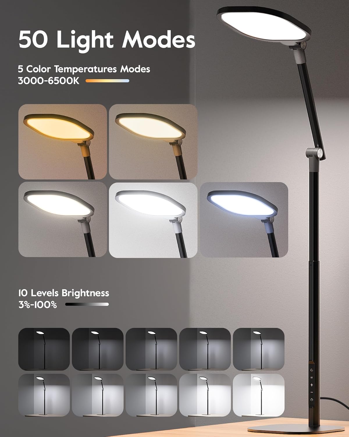 Tall LED Desk Lamps Home Office, Edge-Lit Eye-Care, 50 Light Modes
