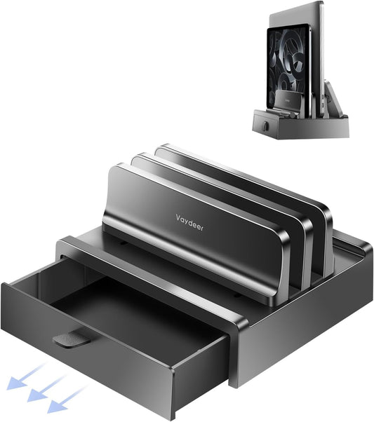 Vertical Laptop Stand with Drawer,Dual Slots Plastic Laptop Holder Storage with Space Saving 4-in-1 Design,Adjustable Laptop Organizer Stand for Desk,Supports MacBook,Chromebook,Surface,Dell