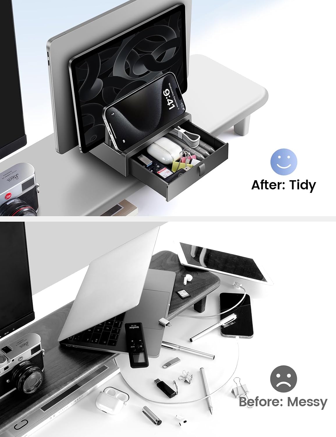 Vertical Laptop Stand with Drawer,Dual Slots Plastic Laptop Holder Storage with Space Saving 4-in-1 Design,Adjustable Laptop Organizer Stand for Desk,Supports MacBook,Chromebook,Surface,Dell
