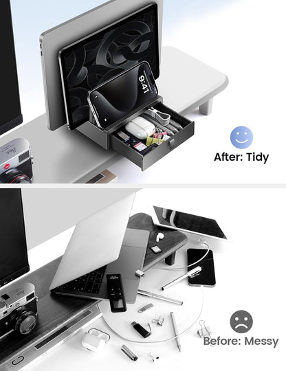 Vertical Laptop Stand with Drawer,Dual Slots Plastic Laptop Holder Storage with Space Saving 4-in-1 Design,Adjustable Laptop Organizer Stand for Desk,Supports MacBook,Chromebook,Surface,Dell