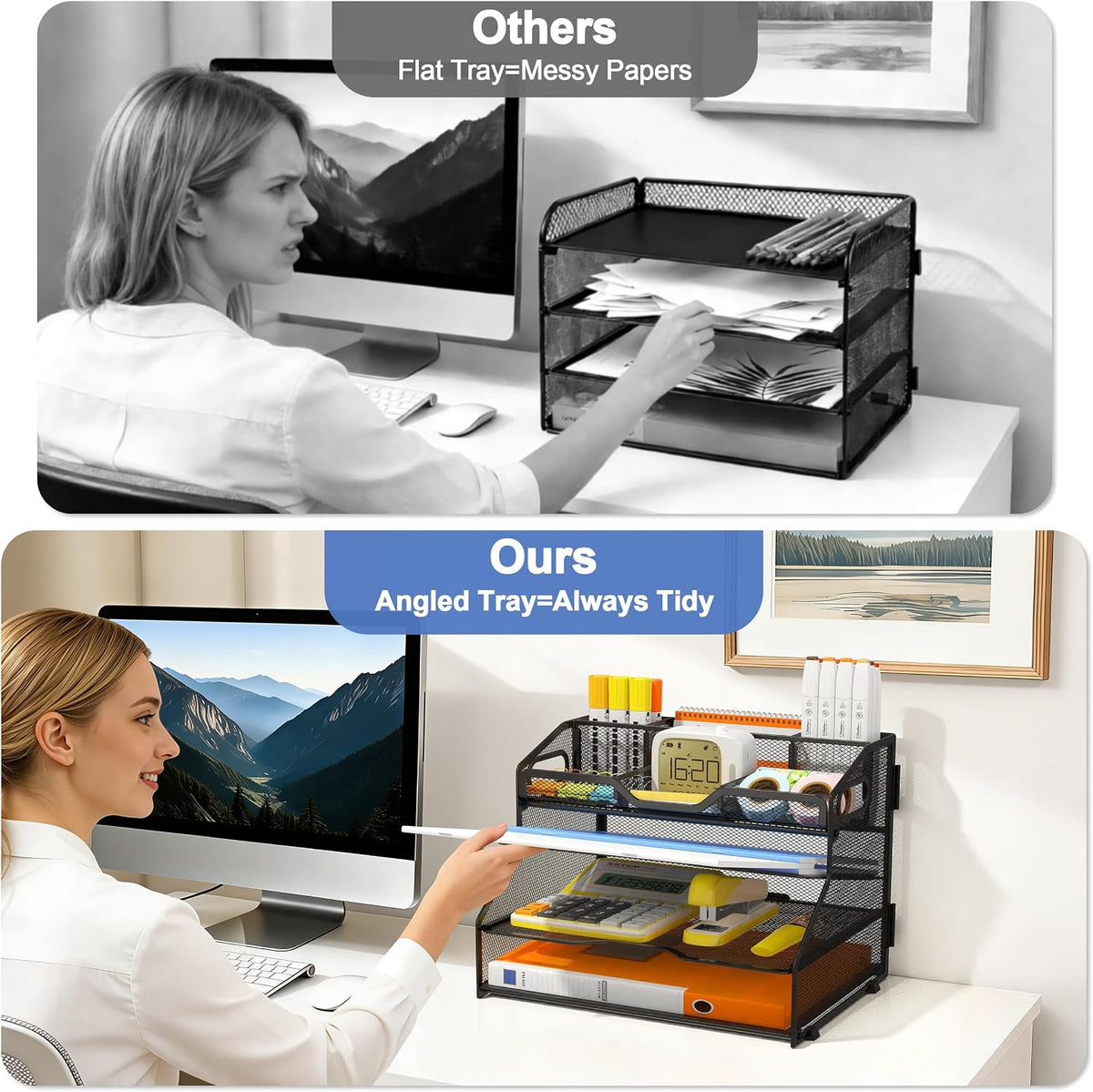 4 Tier Metal Desk Organizer with Magazine File Holder, Black