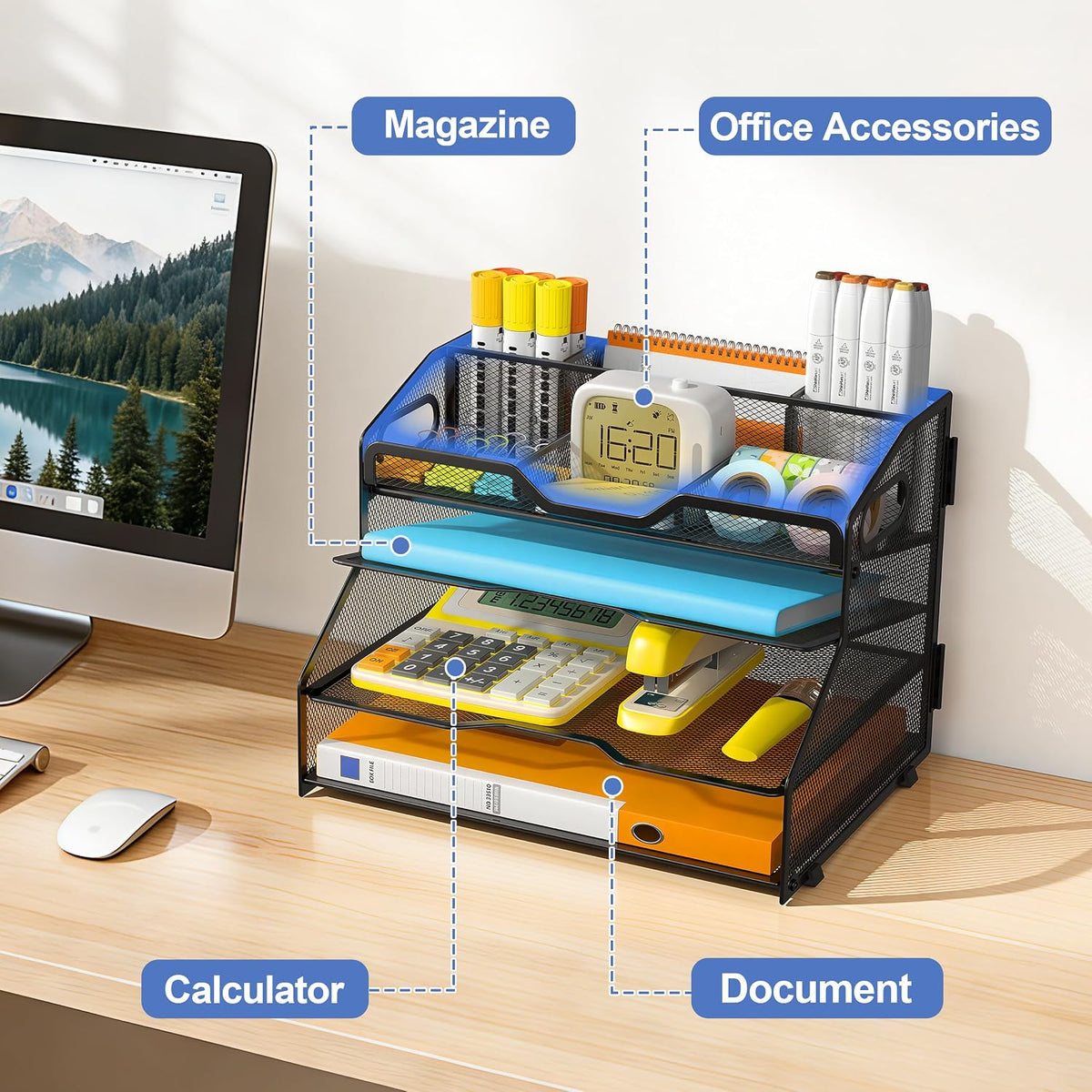 4 Tier Metal Desk Organizer with Magazine File Holder, Black