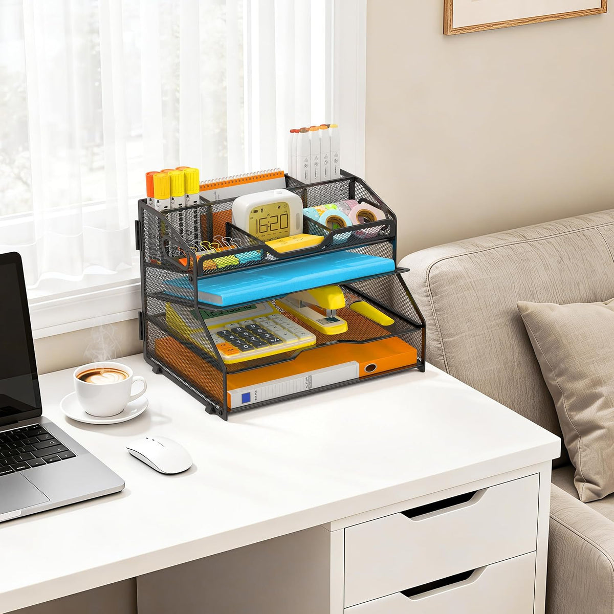 4 Tier Metal Desk Organizer with Magazine File Holder, Black