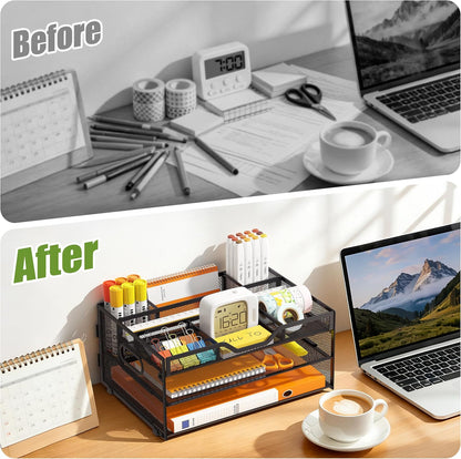 4 Tier Metal Desk Organizer with Magazine File Holder, Black