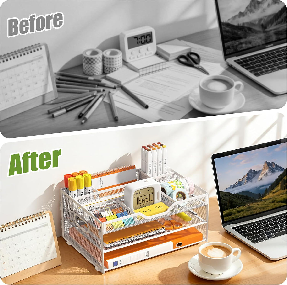 4 Tier Metal Desk Organizer with Magazine File Holder, Black