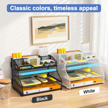 4 Tier Metal Desk Organizer with Magazine File Holder, Black