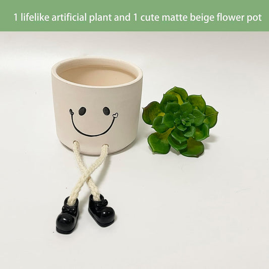 Small Plant Pot with Artificial Succulents, Fake Succulent Plants for Desk Decor, Cute Ceramics Planter with Drainage Holes for Home,Bathroom Office Shelf Decor
