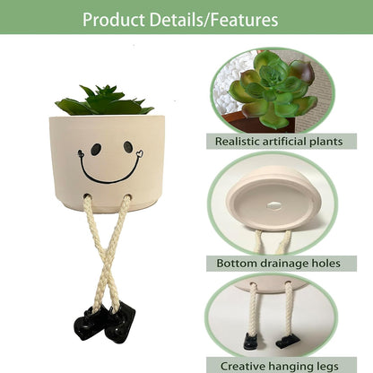 Small Plant Pot with Artificial Succulents, Fake Succulent Plants for Desk Decor, Cute Ceramics Planter with Drainage Holes for Home,Bathroom Office Shelf Decor