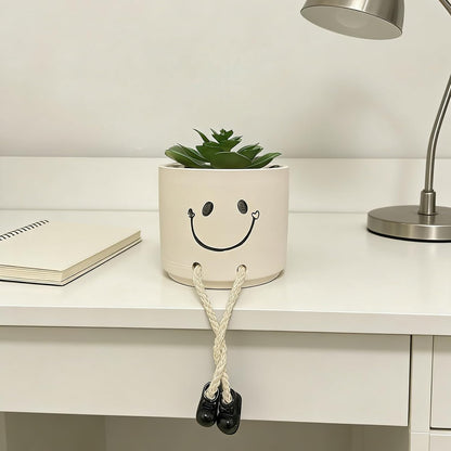 Small Plant Pot with Artificial Succulents, Fake Succulent Plants for Desk Decor, Cute Ceramics Planter with Drainage Holes for Home,Bathroom Office Shelf Decor