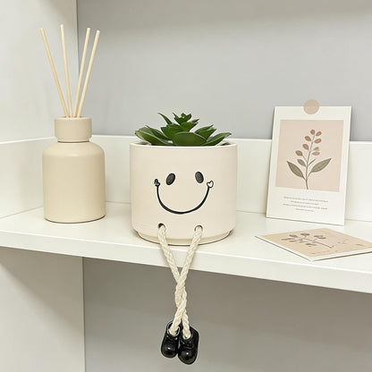 Small Plant Pot with Artificial Succulents, Fake Succulent Plants for Desk Decor, Cute Ceramics Planter with Drainage Holes for Home,Bathroom Office Shelf Decor