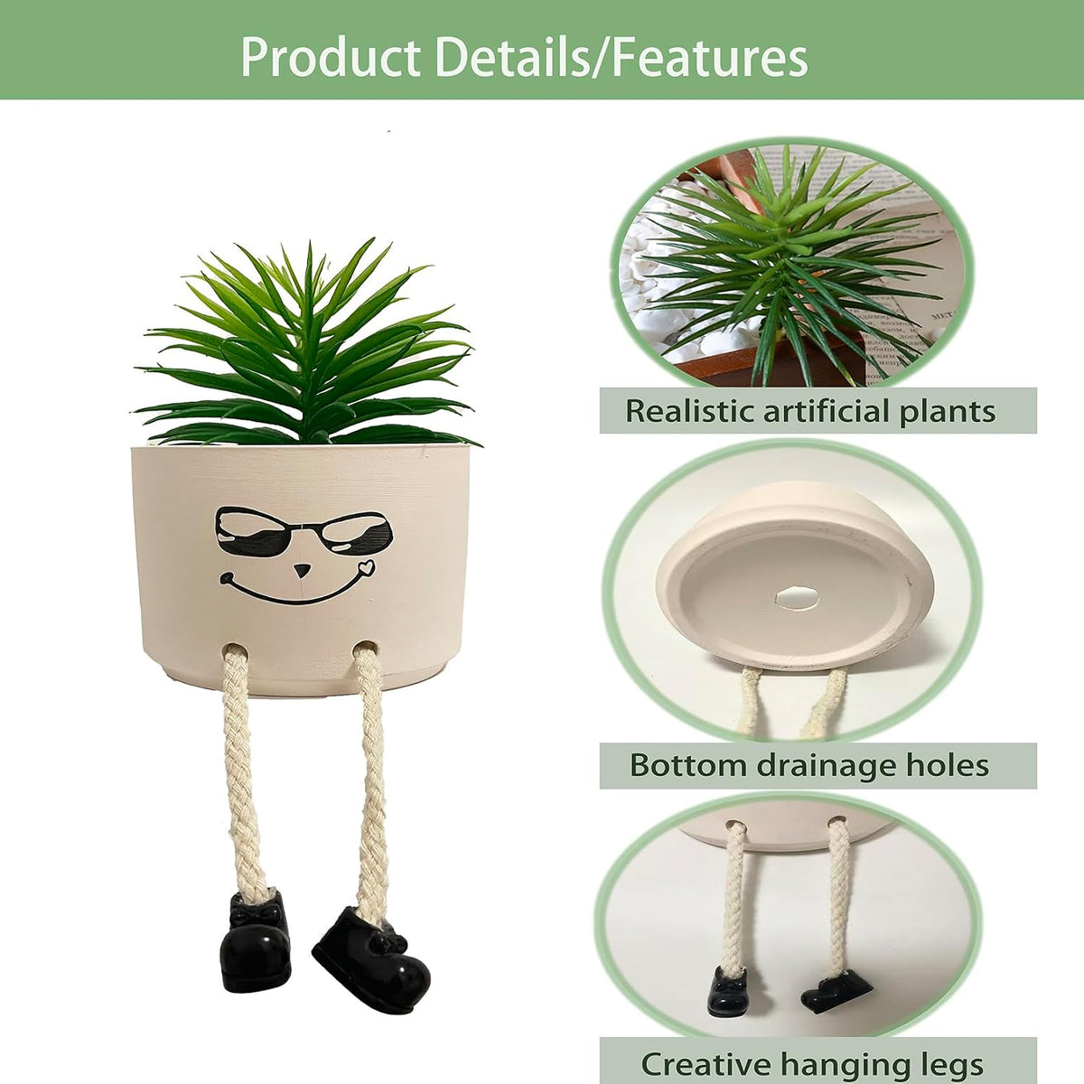 Small Plant Pot with Artificial Succulents, Fake Succulent Plants for Desk Decor, Cute Ceramics Planter with Drainage Holes for Home,Bathroom Office Shelf Decor