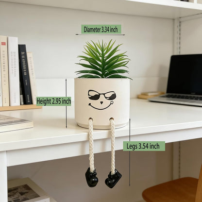 Small Plant Pot with Artificial Succulents, Fake Succulent Plants for Desk Decor, Cute Ceramics Planter with Drainage Holes for Home,Bathroom Office Shelf Decor