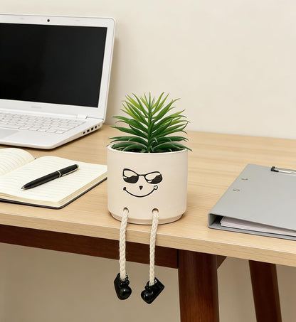 Small Plant Pot with Artificial Succulents, Fake Succulent Plants for Desk Decor, Cute Ceramics Planter with Drainage Holes for Home,Bathroom Office Shelf Decor