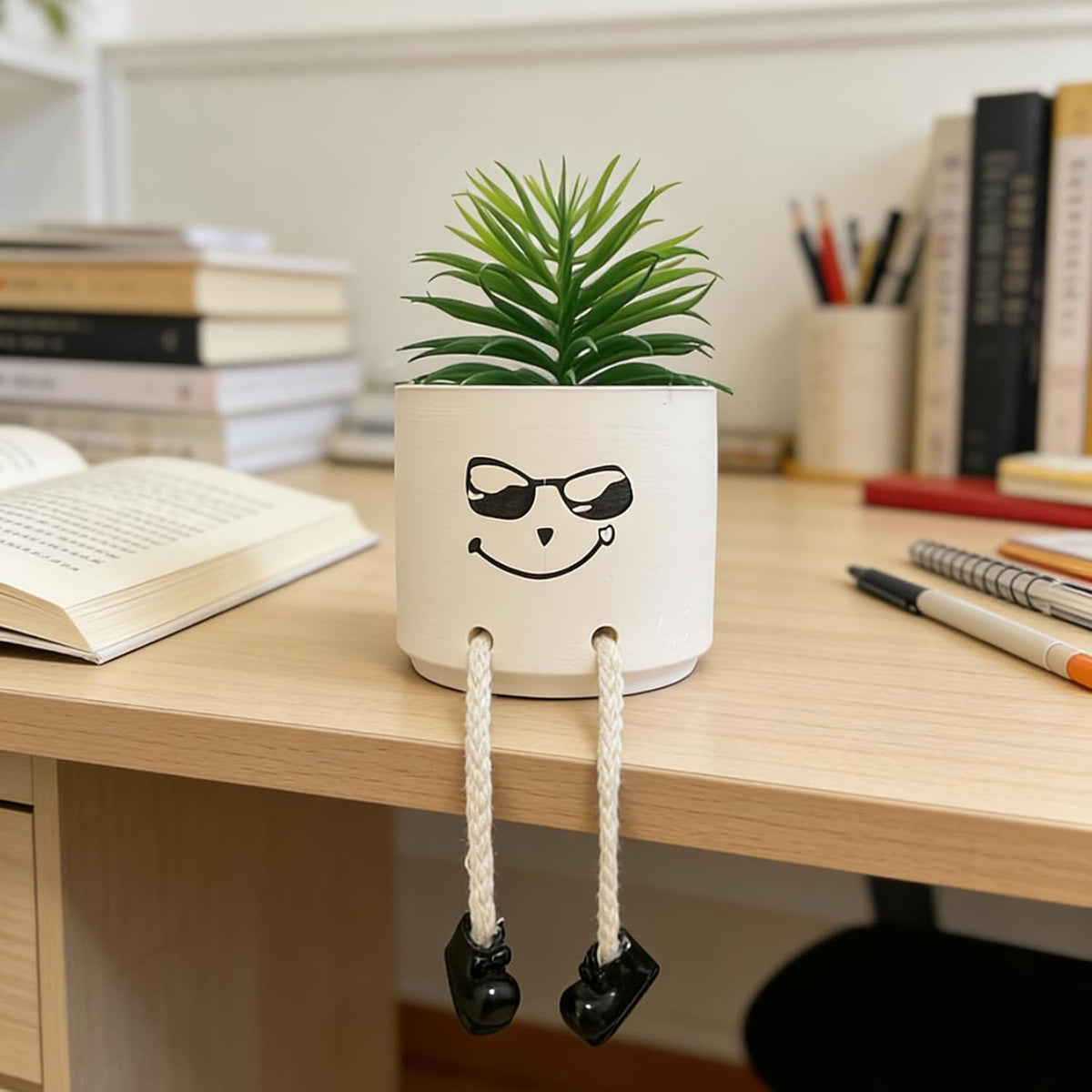 Small Plant Pot with Artificial Succulents, Fake Succulent Plants for Desk Decor, Cute Ceramics Planter with Drainage Holes for Home,Bathroom Office Shelf Decor