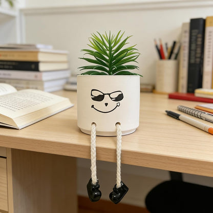 Small Plant Pot with Artificial Succulents, Fake Succulent Plants for Desk Decor, Cute Ceramics Planter with Drainage Holes for Home,Bathroom Office Shelf Decor