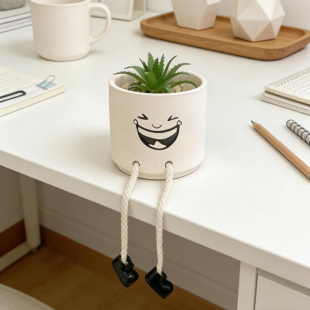 Small Plant Pot with Artificial Succulents, Fake Succulent Plants for Desk Decor, Cute Ceramics Planter with Drainage Holes for Home,Bathroom Office Shelf Decor