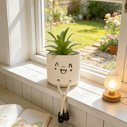 Small Plant Pot with Artificial Succulents, Fake Succulent Plants for Desk Decor, Cute Ceramics Planter with Drainage Holes for Home,Bathroom Office Shelf Decor