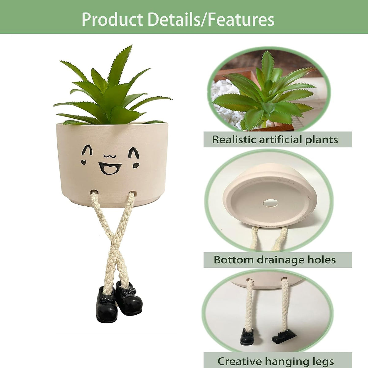 Small Plant Pot with Artificial Succulents, Fake Succulent Plants for Desk Decor, Cute Ceramics Planter with Drainage Holes for Home,Bathroom Office Shelf Decor