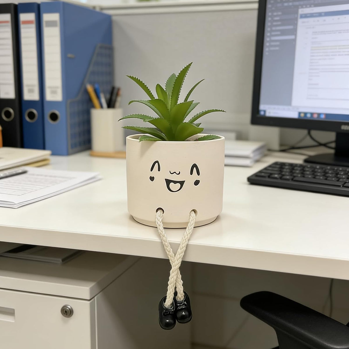 Small Plant Pot with Artificial Succulents, Fake Succulent Plants for Desk Decor, Cute Ceramics Planter with Drainage Holes for Home,Bathroom Office Shelf Decor