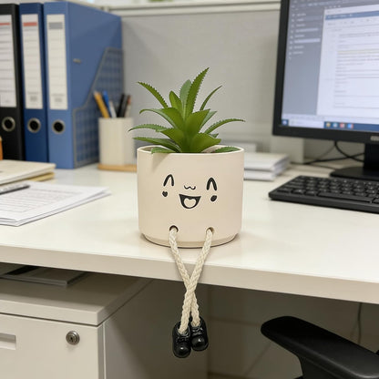Small Plant Pot with Artificial Succulents, Fake Succulent Plants for Desk Decor, Cute Ceramics Planter with Drainage Holes for Home,Bathroom Office Shelf Decor