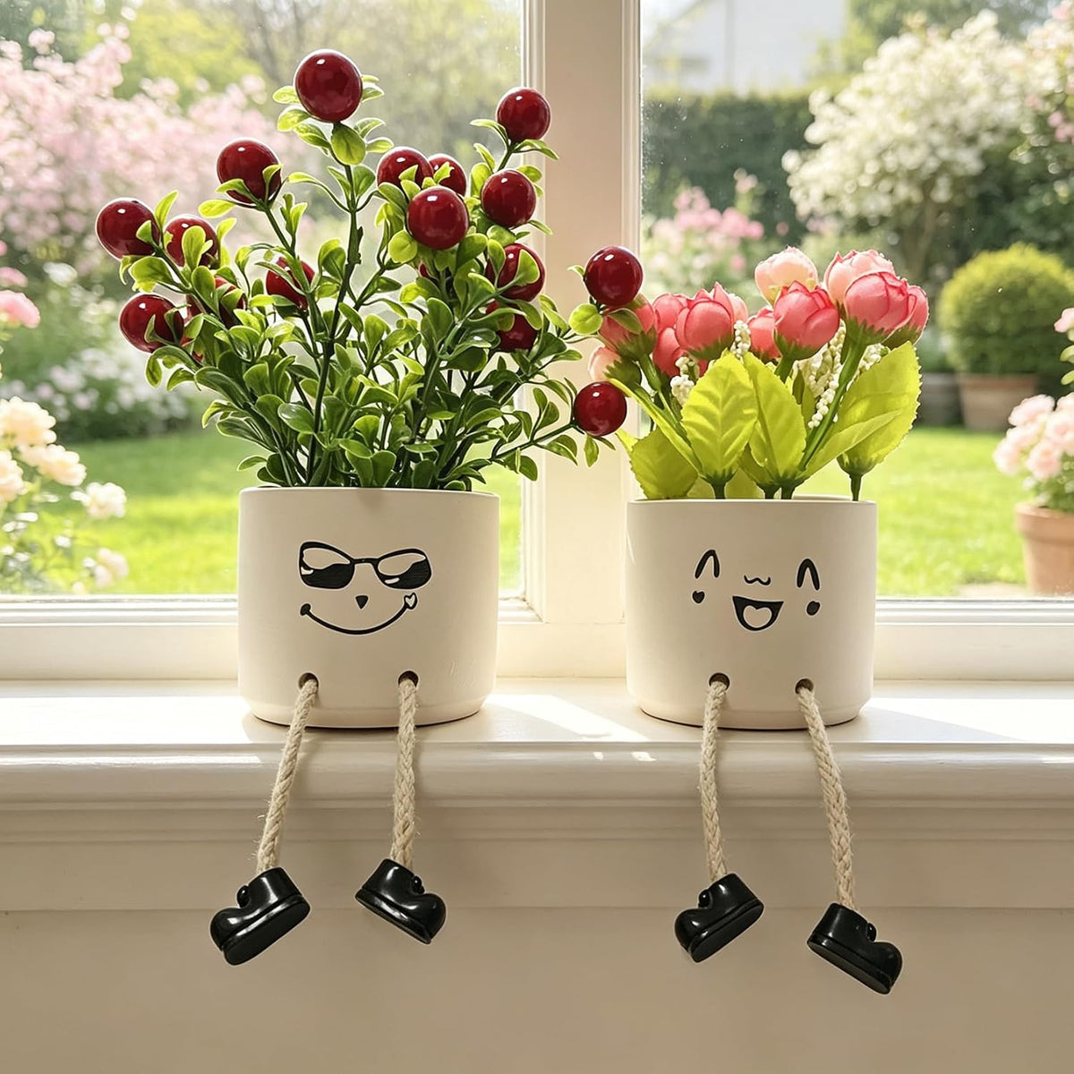 Small Plant Pot with Artificial Succulents, Fake Succulent Plants for Desk Decor, Cute Ceramics Planter with Drainage Holes for Home,Bathroom Office Shelf Decor