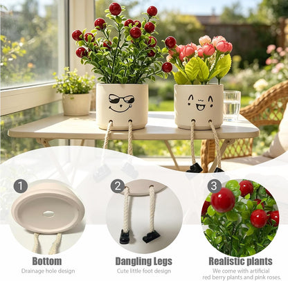 Small Plant Pot with Artificial Succulents, Fake Succulent Plants for Desk Decor, Cute Ceramics Planter with Drainage Holes for Home,Bathroom Office Shelf Decor