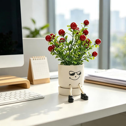 Small Plant Pot with Artificial Succulents, Fake Succulent Plants for Desk Decor, Cute Ceramics Planter with Drainage Holes for Home,Bathroom Office Shelf Decor