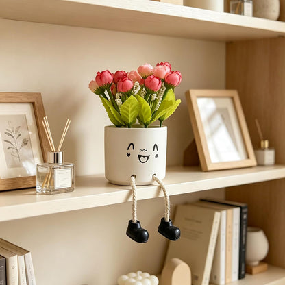 Small Plant Pot with Artificial Succulents, Fake Succulent Plants for Desk Decor, Cute Ceramics Planter with Drainage Holes for Home,Bathroom Office Shelf Decor