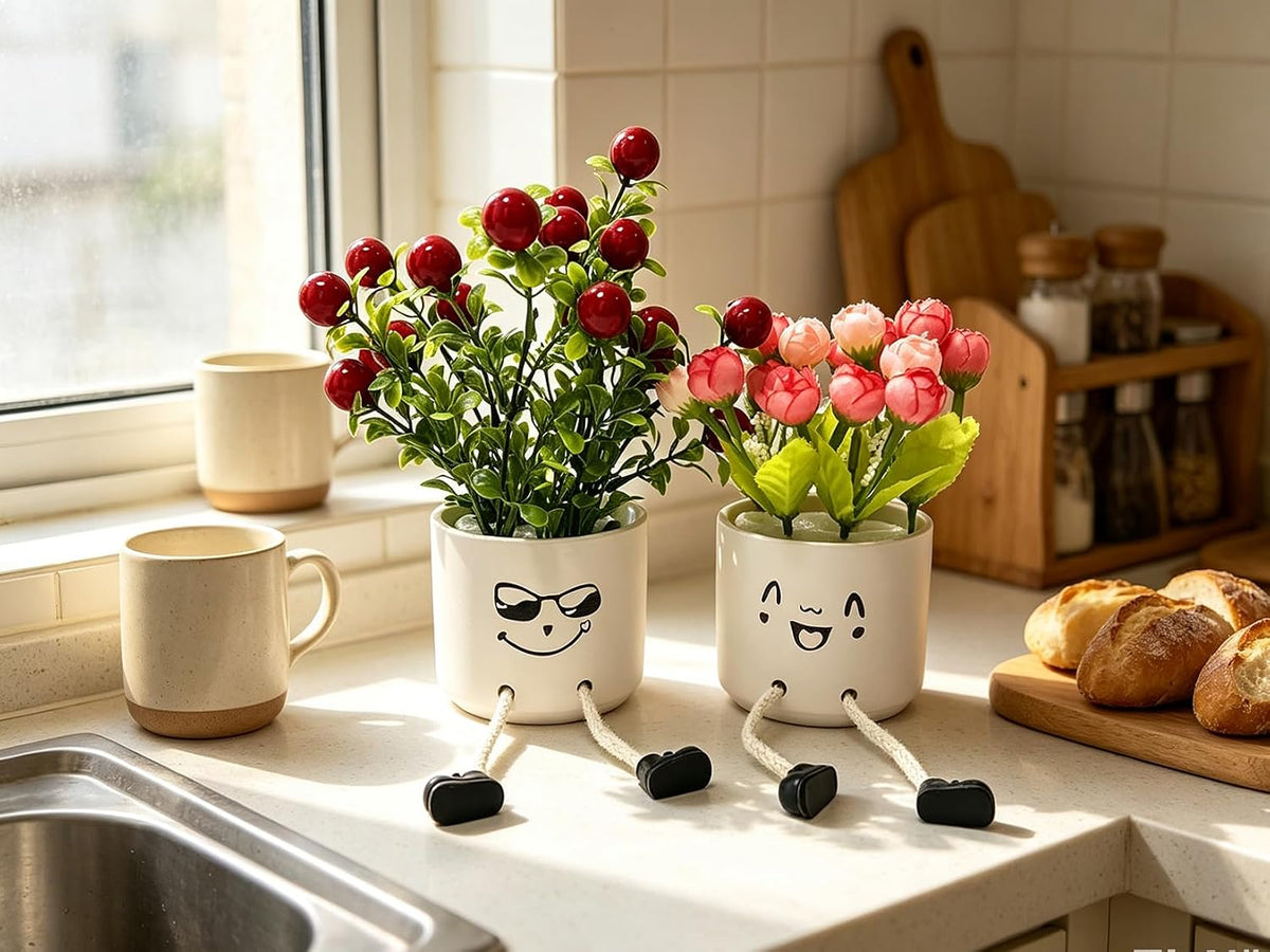 Small Plant Pot with Artificial Succulents, Fake Succulent Plants for Desk Decor, Cute Ceramics Planter with Drainage Holes for Home,Bathroom Office Shelf Decor