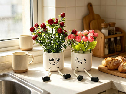 Small Plant Pot with Artificial Succulents, Fake Succulent Plants for Desk Decor, Cute Ceramics Planter with Drainage Holes for Home,Bathroom Office Shelf Decor