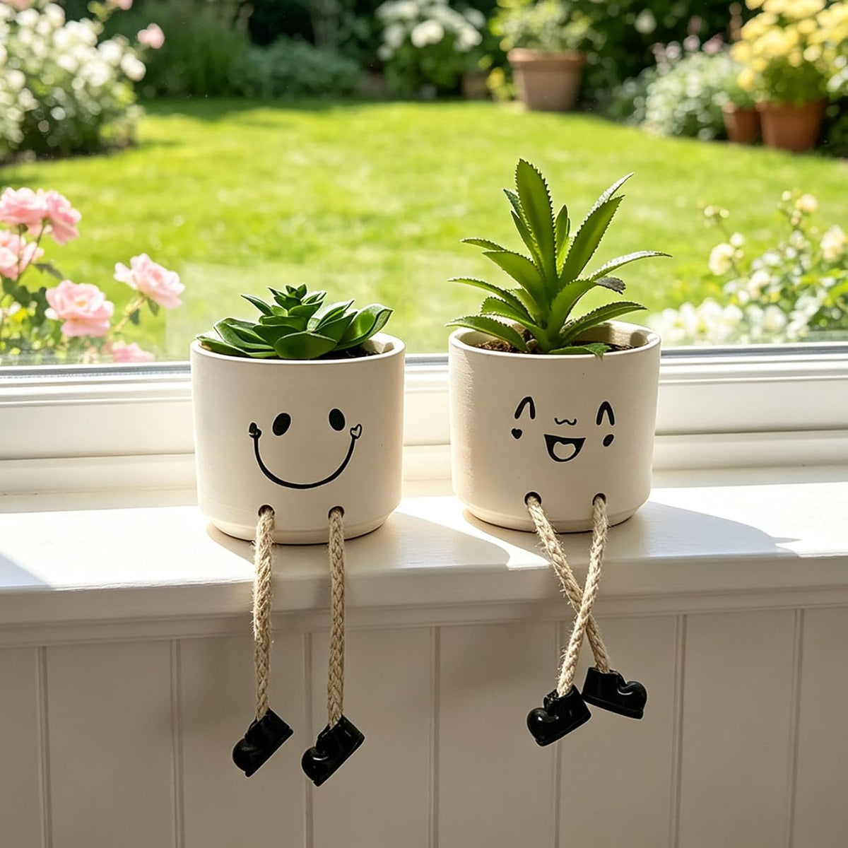 Small Plant Pot with Artificial Succulents, Fake Succulent Plants for Desk Decor, Cute Ceramics Planter with Drainage Holes for Home,Bathroom Office Shelf Decor