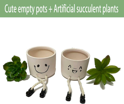 Small Plant Pot with Artificial Succulents, Fake Succulent Plants for Desk Decor, Cute Ceramics Planter with Drainage Holes for Home,Bathroom Office Shelf Decor