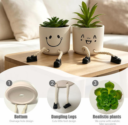 Small Plant Pot with Artificial Succulents, Fake Succulent Plants for Desk Decor, Cute Ceramics Planter with Drainage Holes for Home,Bathroom Office Shelf Decor
