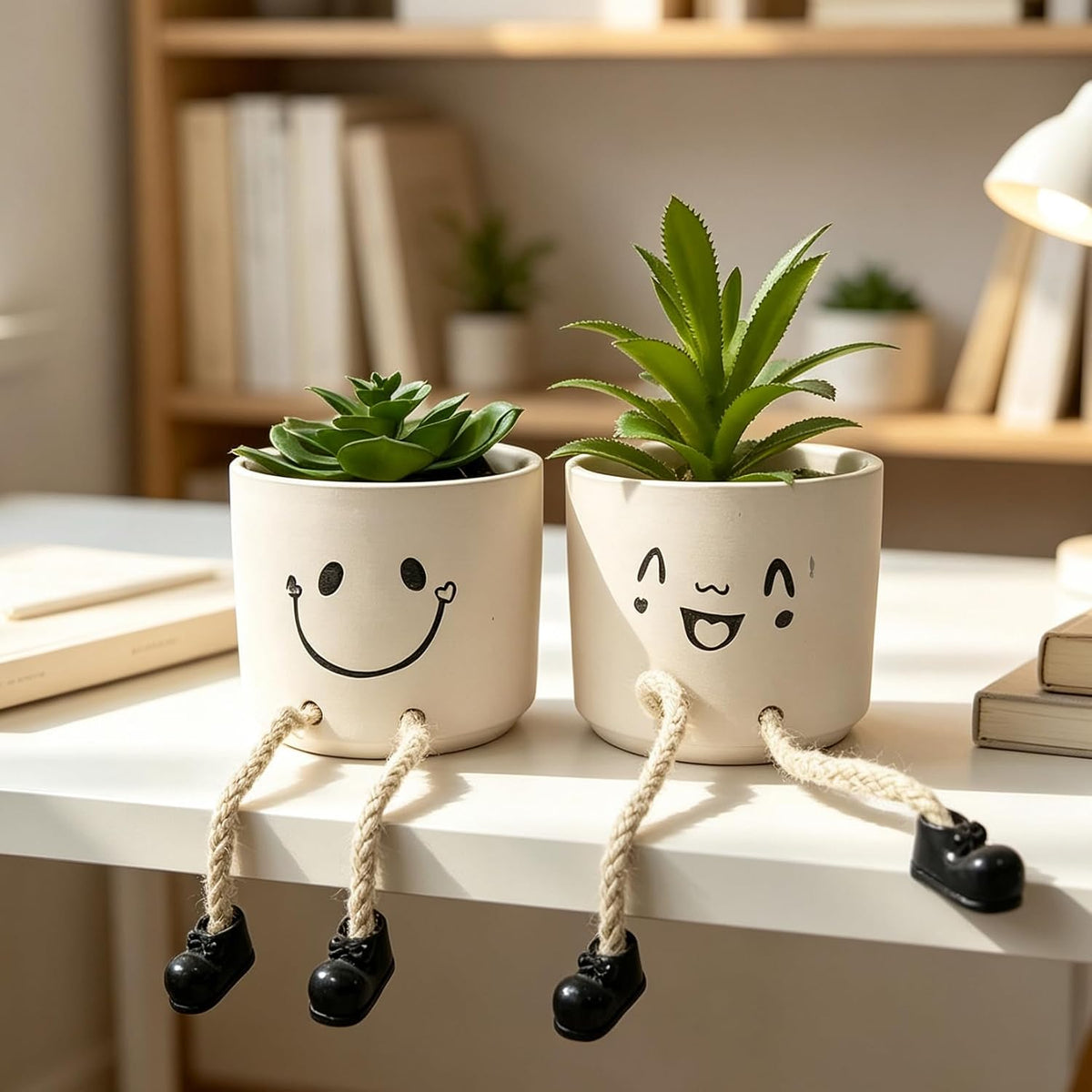 Small Plant Pot with Artificial Succulents, Fake Succulent Plants for Desk Decor, Cute Ceramics Planter with Drainage Holes for Home,Bathroom Office Shelf Decor