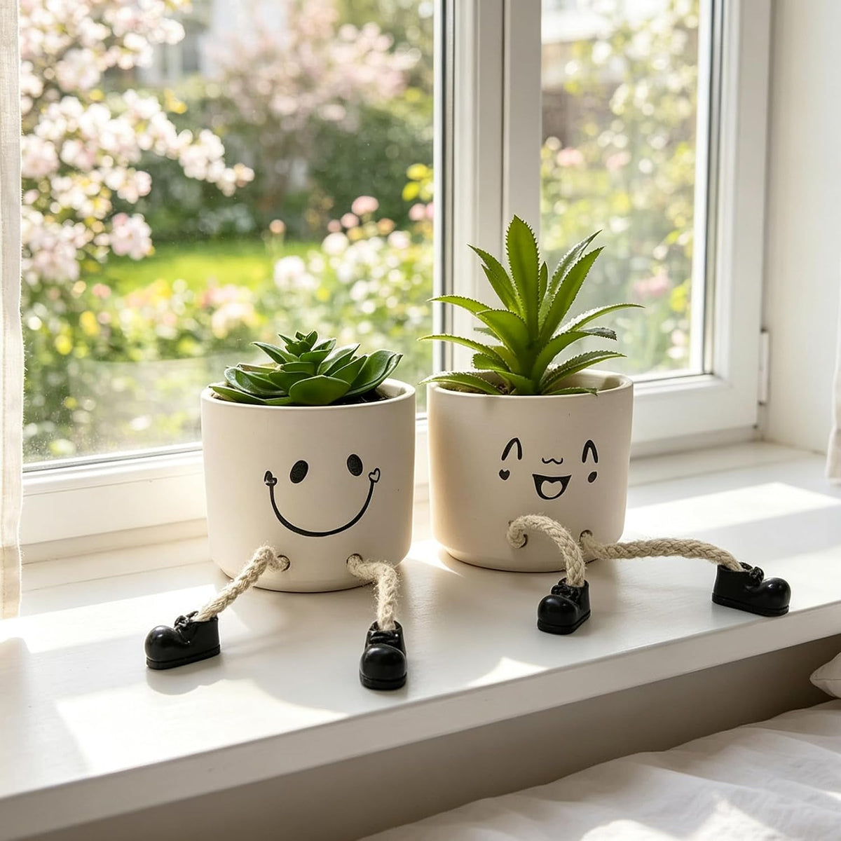 Small Plant Pot with Artificial Succulents, Fake Succulent Plants for Desk Decor, Cute Ceramics Planter with Drainage Holes for Home,Bathroom Office Shelf Decor