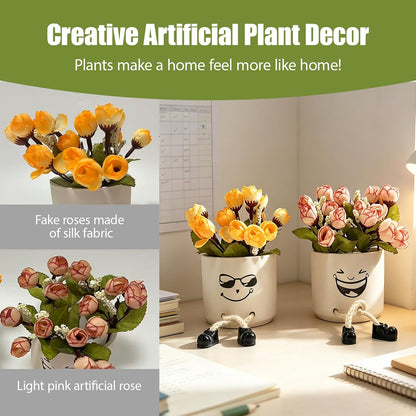 Small Plant Pot with Artificial Succulents, Fake Succulent Plants for Desk Decor, Cute Ceramics Planter with Drainage Holes for Home,Bathroom Office Shelf Decor