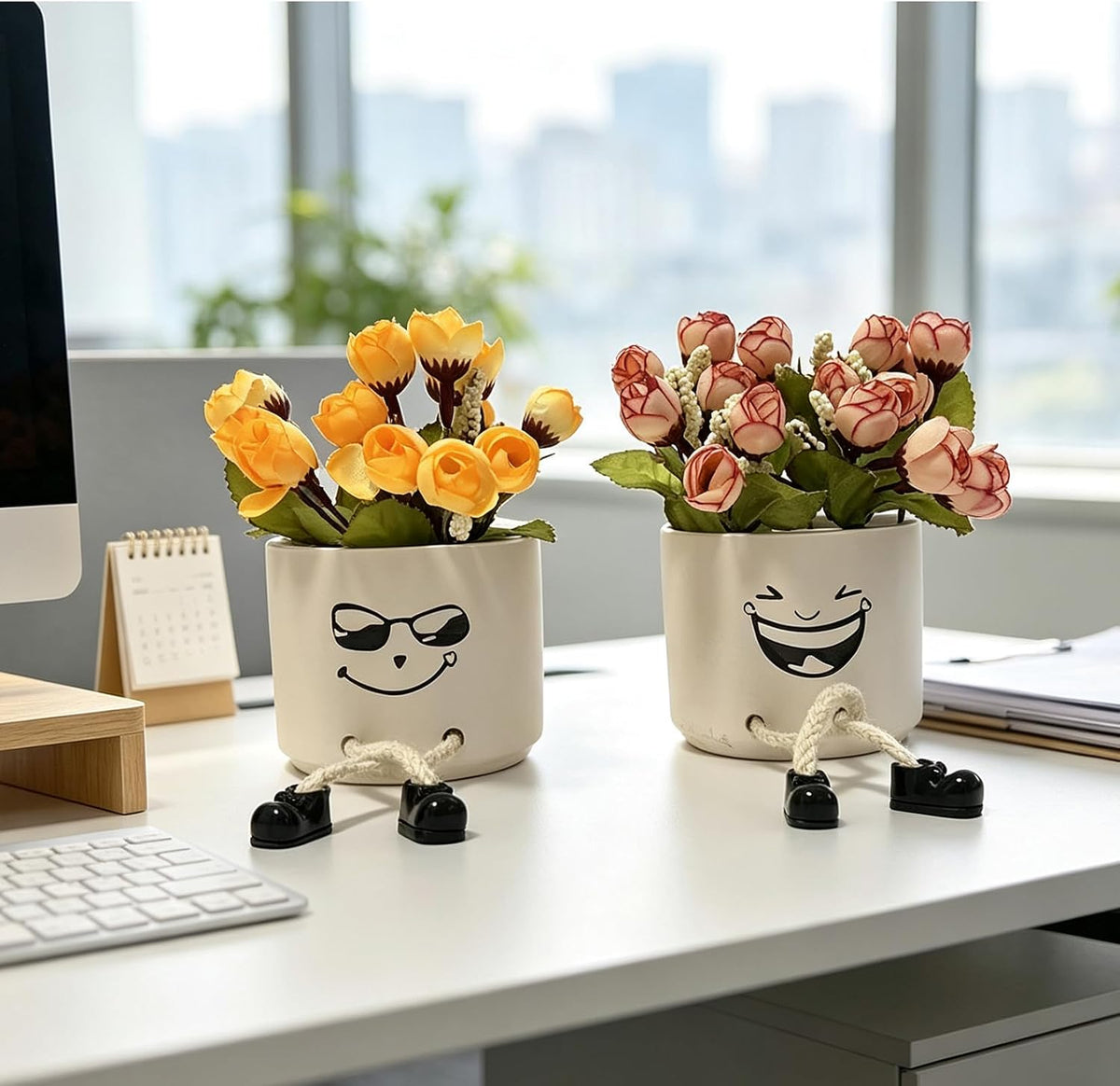 Small Plant Pot with Artificial Succulents, Fake Succulent Plants for Desk Decor, Cute Ceramics Planter with Drainage Holes for Home,Bathroom Office Shelf Decor